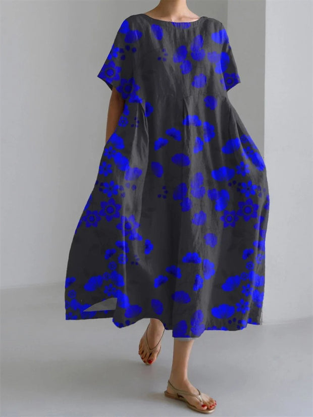 Blue Flowers Oil Painting Short Sleeve Midi Dress