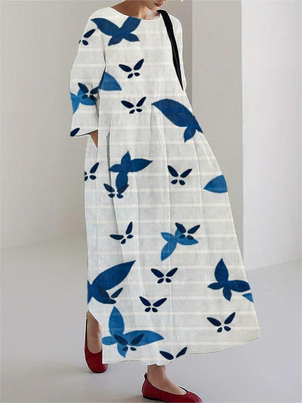 Blue Tie-Dye Butterfly Print Linen Blend Maxi Dress