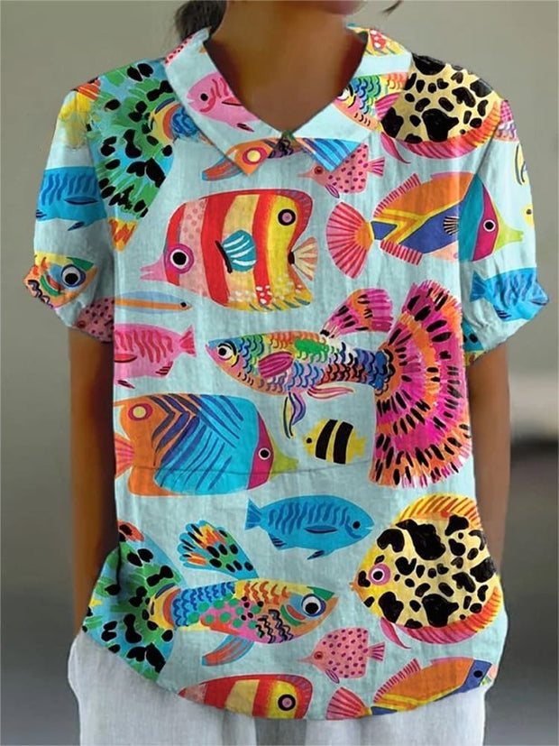 Cartoon Tropical Fish Pattern Printed Women's Casual Cotton And Linen Shirt