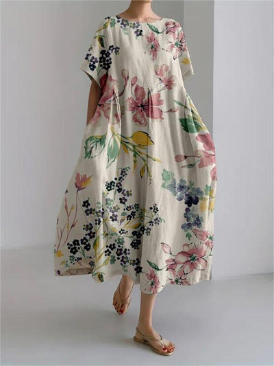 Casual Floral Print Round Neck Short Sleeve Midi Dress