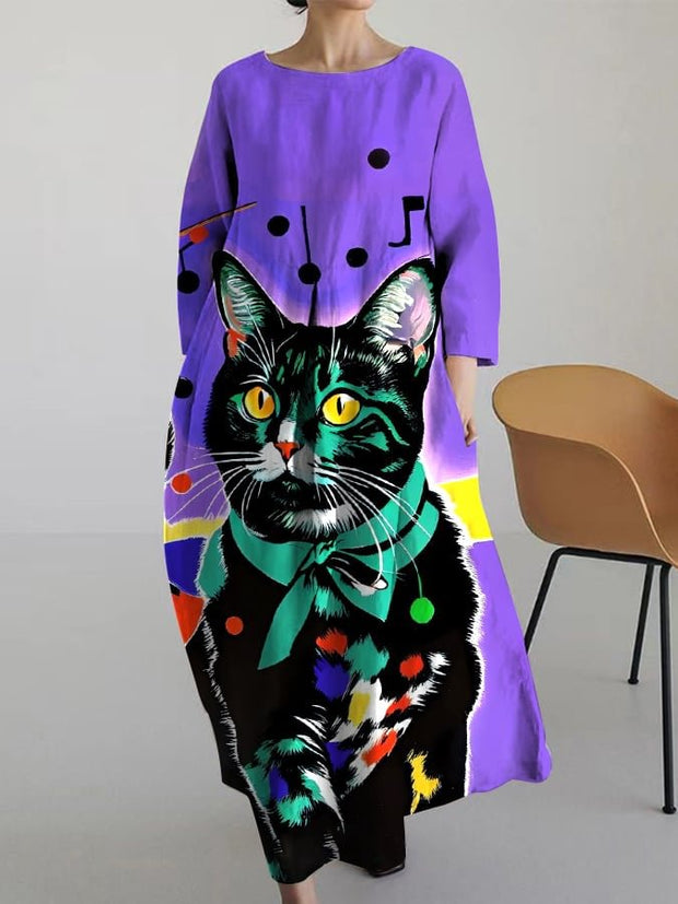 Casual Literary Cat Print Dress