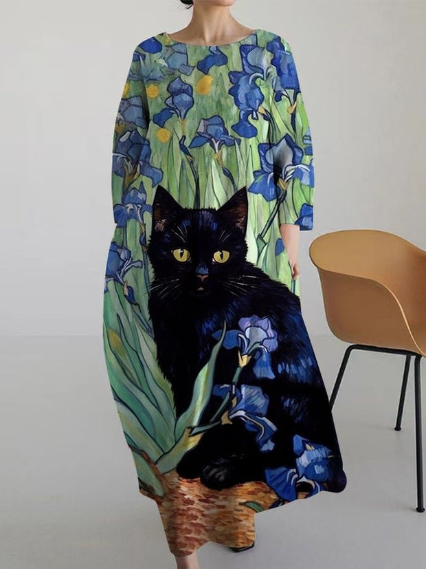 Casual Literary Cat Print Dress