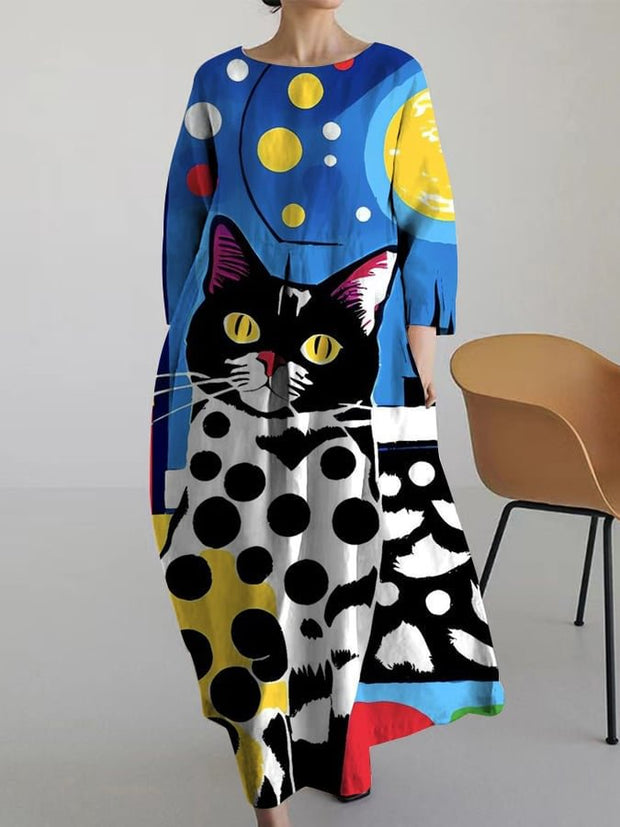 Casual Literary Cat Print Dress