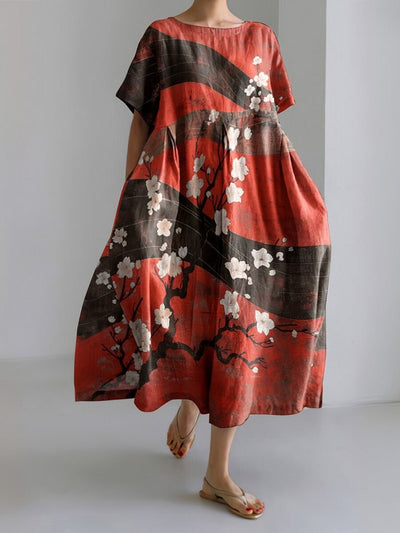 Casual Loose Japanese Art Cherry Blossom Print Linen Blend Dress