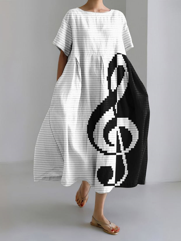 Casual Striped Color Matching Music Notes Linen Maxi Dress