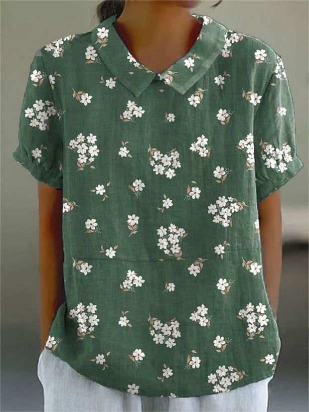 Casual Women'S Small Floral Printed Cotton Linen Shirt