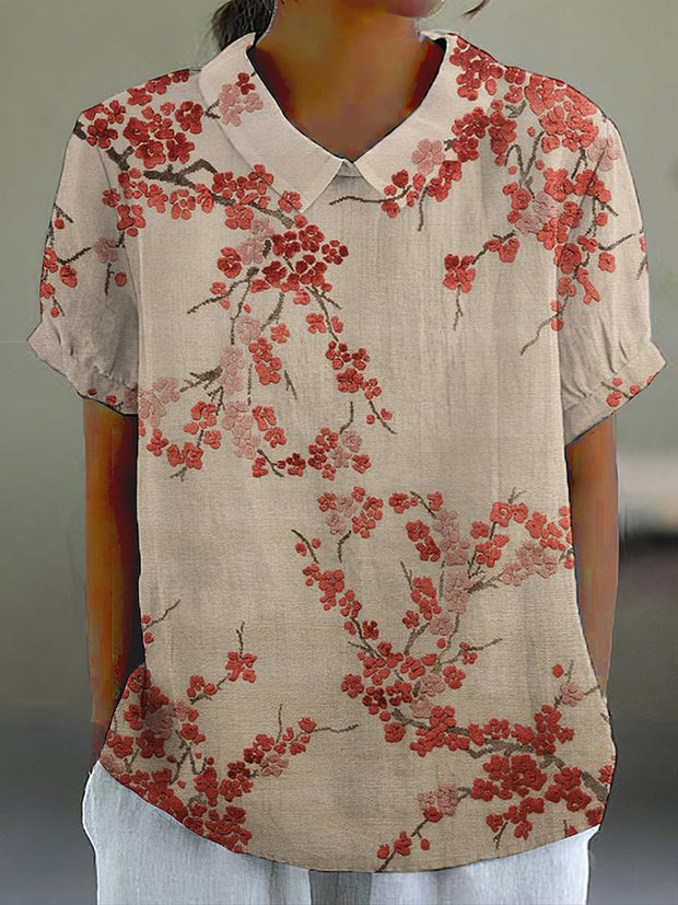 Cherry Blossom Art Print Casual Cotton Linen Shirt