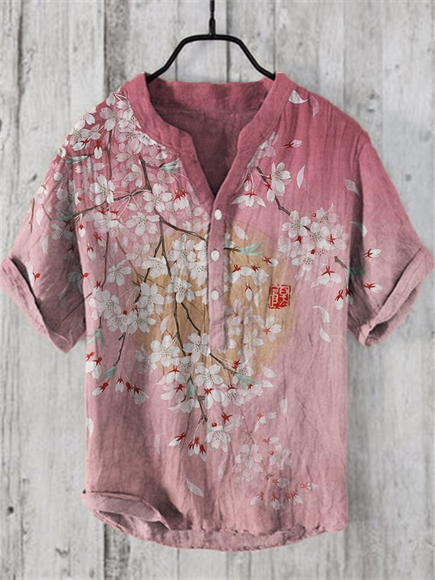 Cherry Blossom Full Moon Japanese Art Linen Blend Shirt