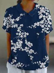 Cherry Blossom Japanese Print Casual Cotton Linen Shirt