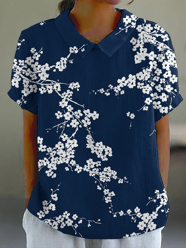 Cherry Blossom Japanese Print Casual Cotton Linen Shirt