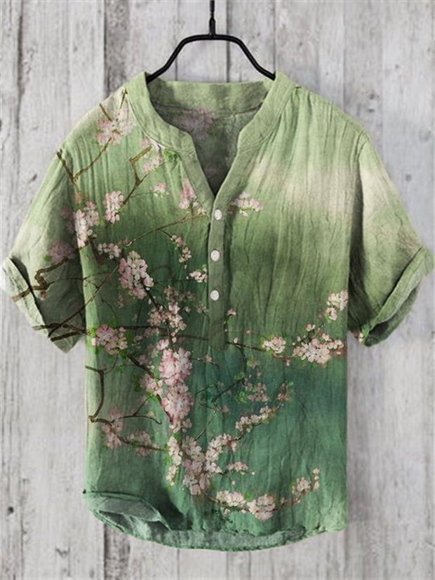 Cherry Blossom Japanese Watercolor Linen Blend Shirt