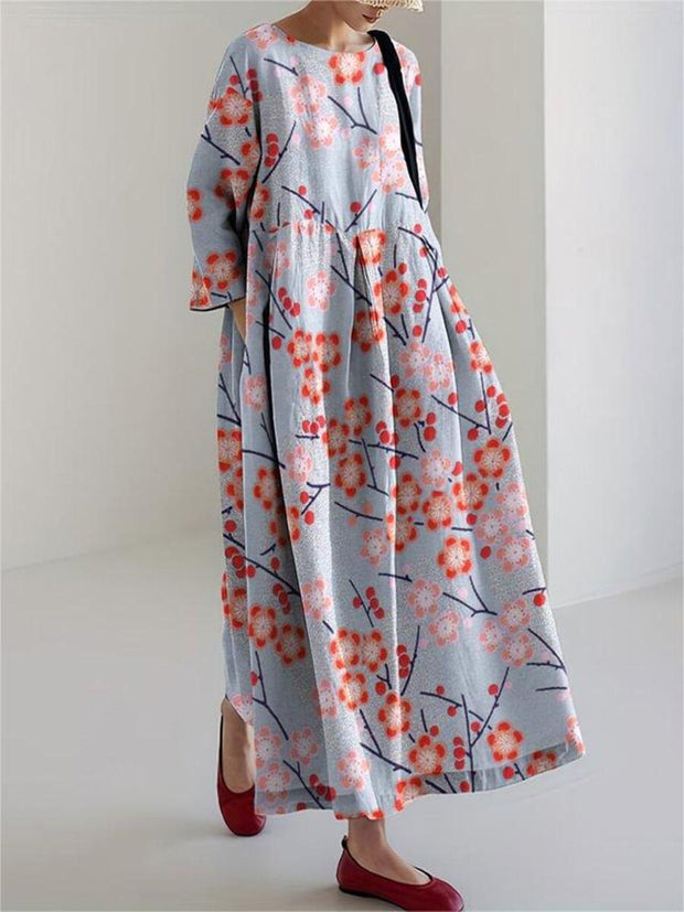 Cherry Blossom Print Round Neck Long Sleeve Casual Midi Dress