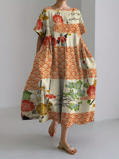 Cherry Blossom Sea Waves Japanese Pattern Linen Blend Maxi Dress