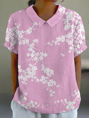 Cherry Blossom Japanese Print Casual Cotton Linen Shirt