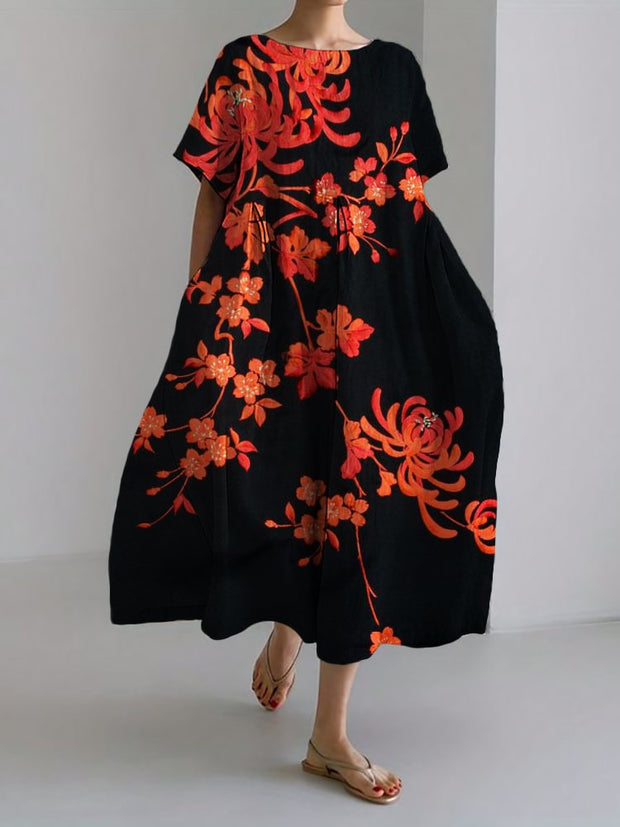 Chrysanthemum Cherry Blossom Japanese Embroidered Linen Blend Maxi Dress