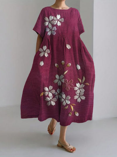 Classy Cherry Blossom Embroidered Linen Blend Maxi Dress