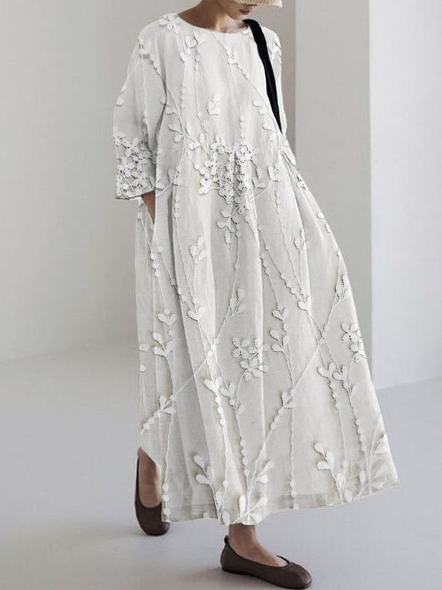 Classy Floral Lace Embroidered Linen Blend Maxi Dress