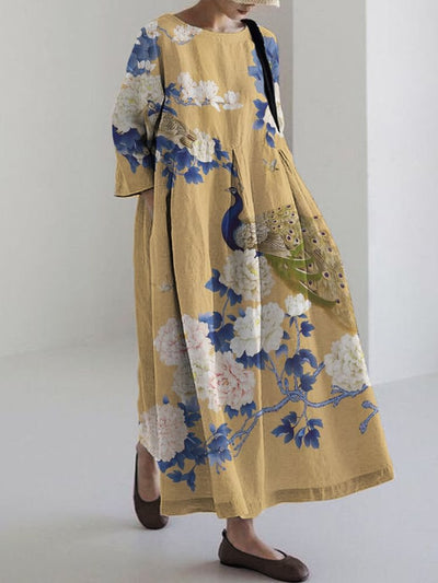 Classy Peacock Floral Japanese Art Linen Blend Maxi Dress
