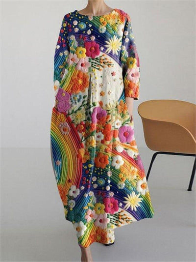 Colorful Embroidered Floral Art Vintage Long Sleeve Midi Dress