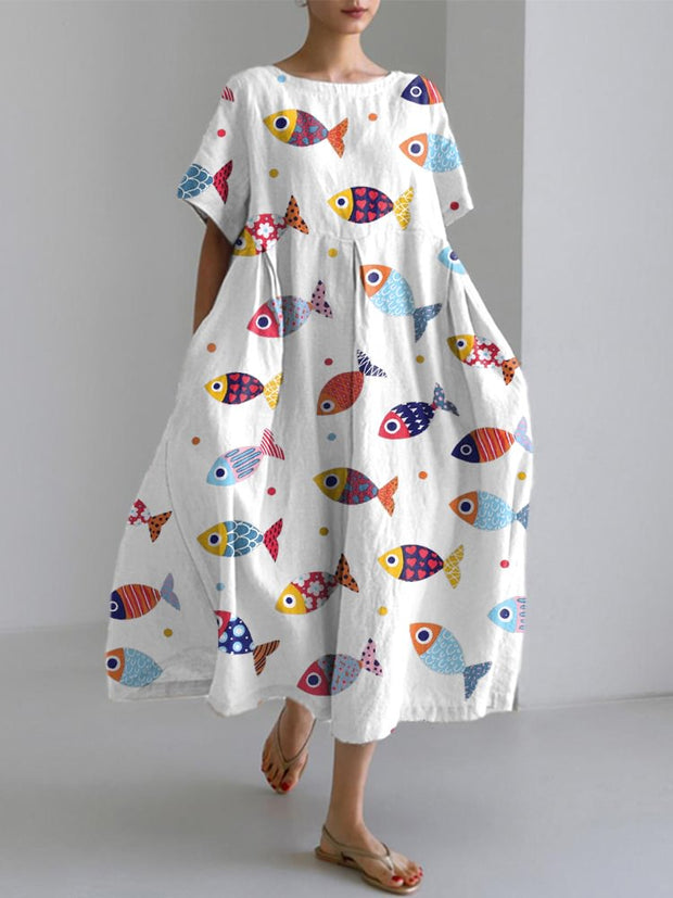 Colorful Fish Pattern Linen Blend Dress