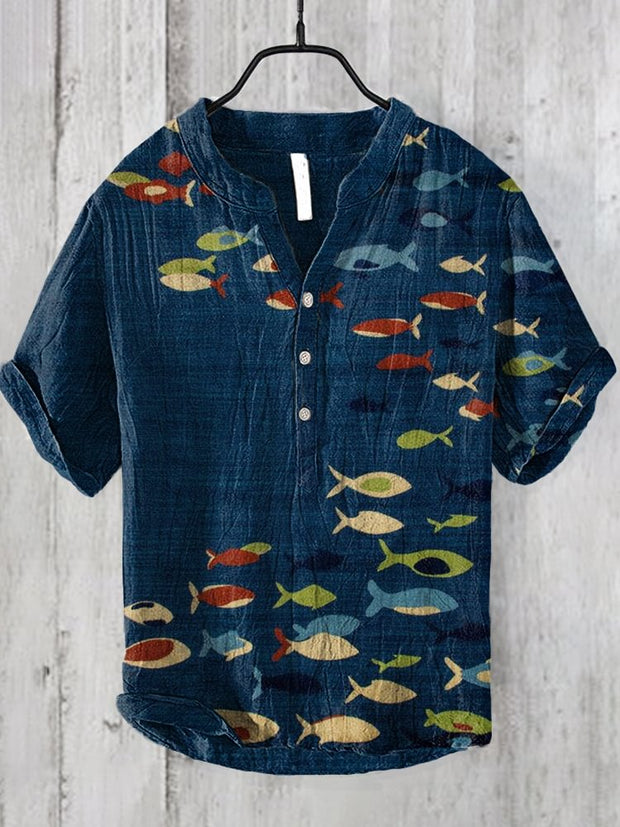 Colorful Fish Print Linen Blend Casual Shirt