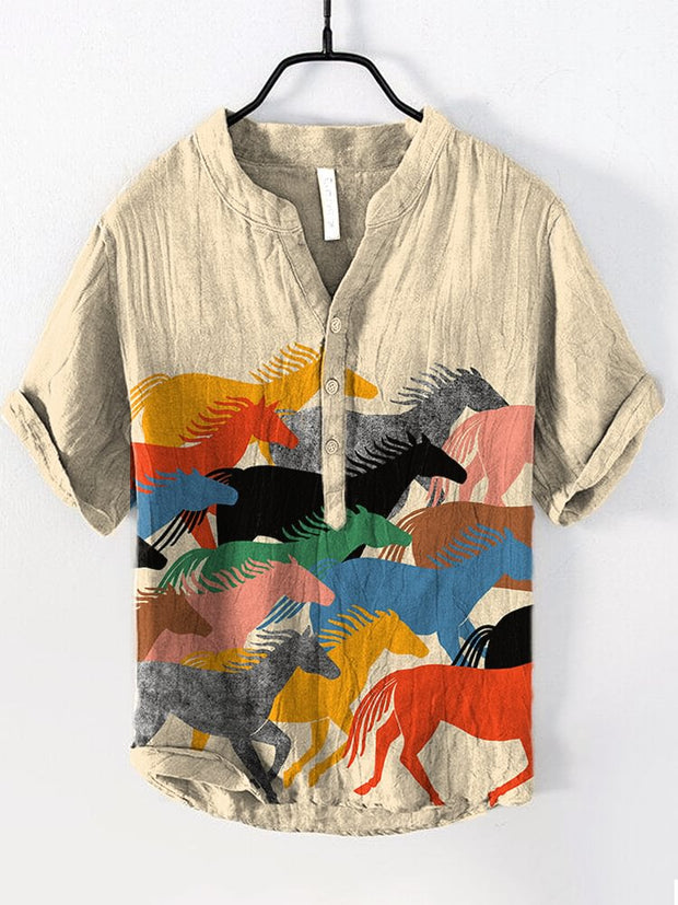 Colorful Horse Pattern Print Cozy Cotton Linen Shirt