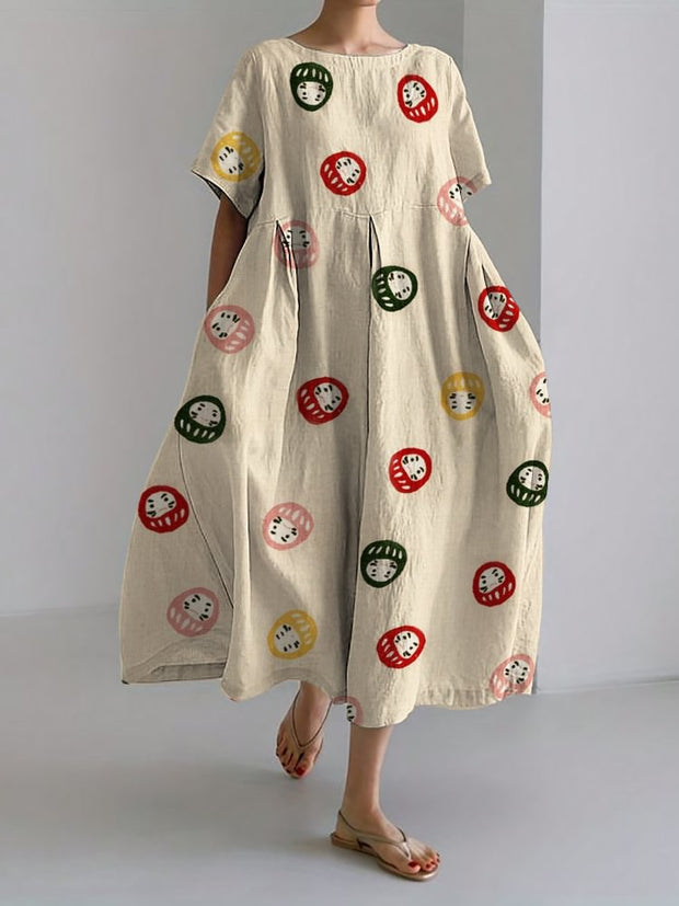 Colorful Japanese Daruma Dolls Pattern Linen Blend Maxi Dress