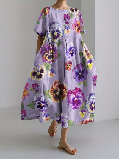 Colorful Pansy Floral Flowy Linen Blend Maxi Dress