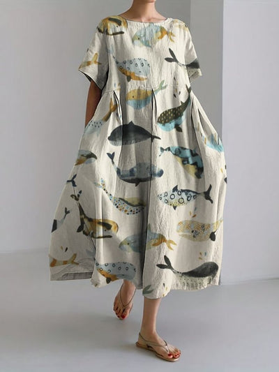 Colorful Whales Pattern Linen Blend Flowy Maxi Dress