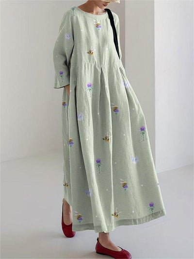 Cozy Floral Bee Butterfly Graphics Linen Blend Comfy Maxi Dress