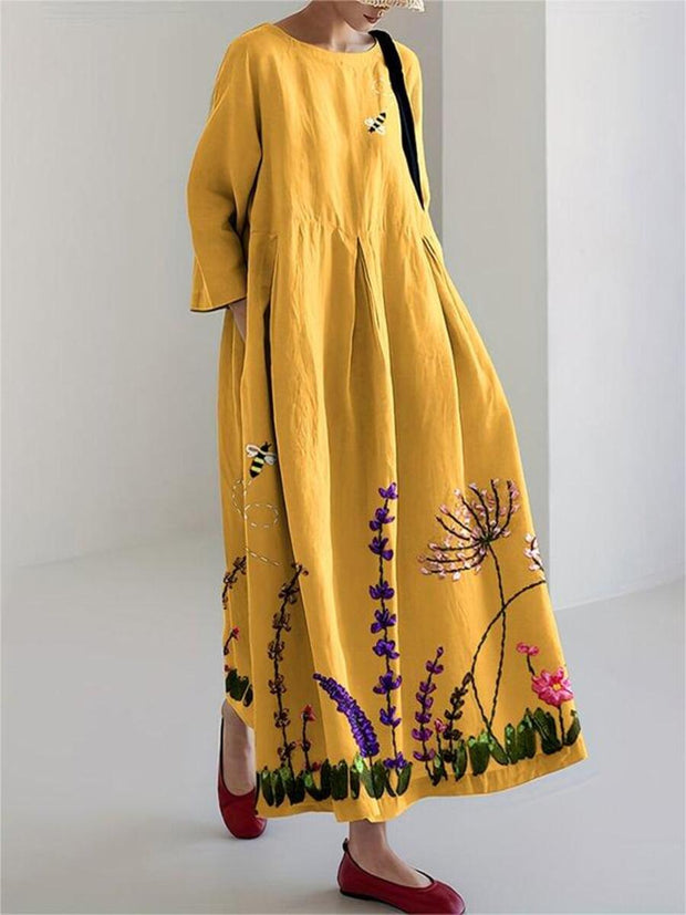 Cozy Floral Bee Embroidery Art Linen Blend Comfy Maxi Dress