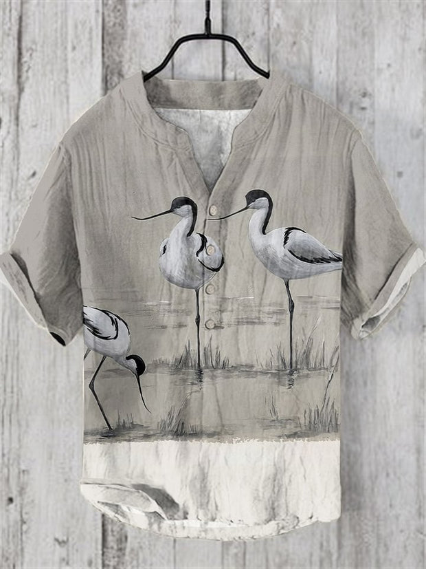 Crane Art Print Short Sleeve Cotton and Linen Shirt Price