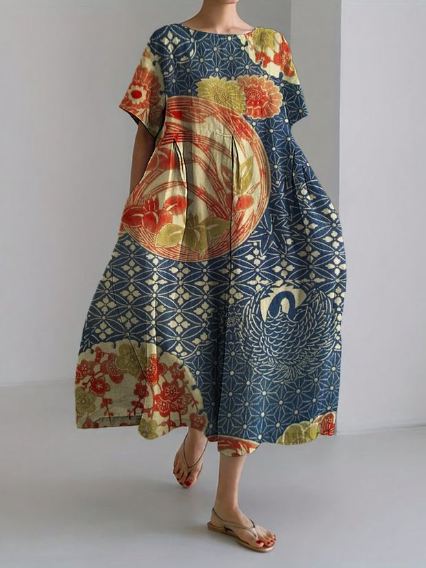 Crane Floral Japanese Traditional Pattern Linen Blend Maxi Dress
