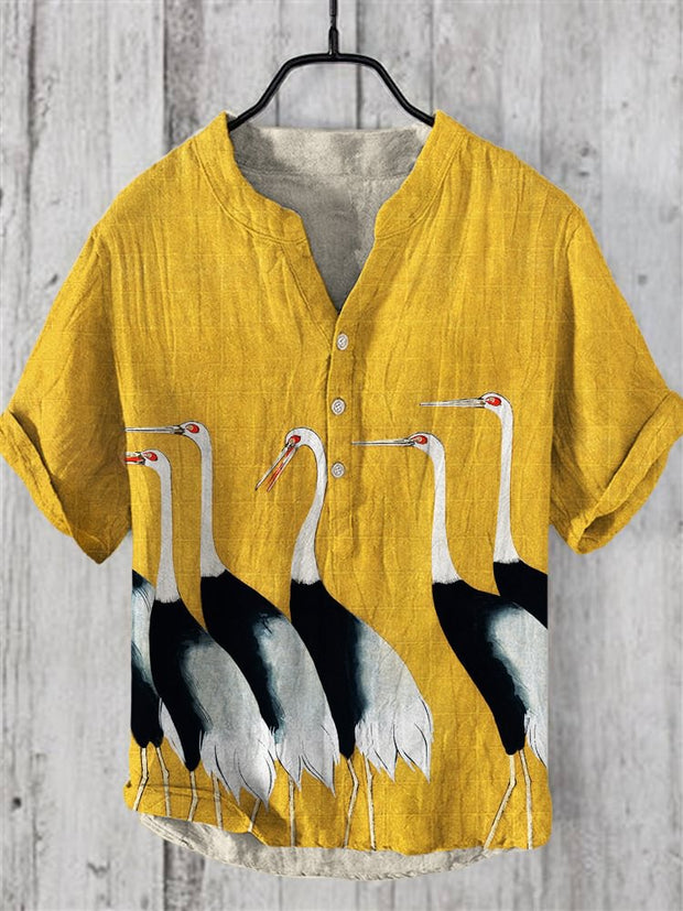 Crane Japanese Art Print Linen V-Neck Shirt