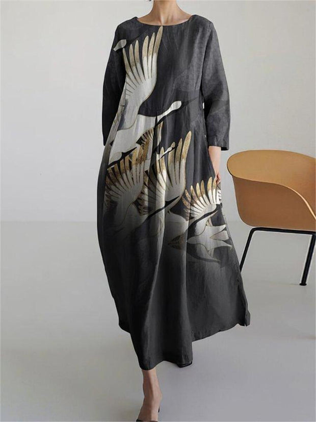Crane Print Long Sleeve Casual Midi Dress