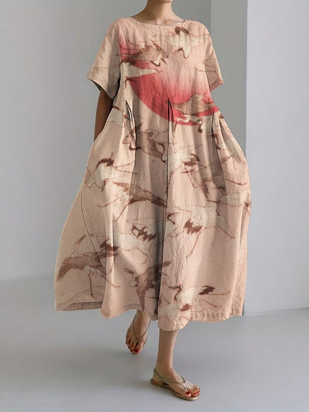 Cranes Sunrise Japanese Art Linen Blend Maxi Dress
