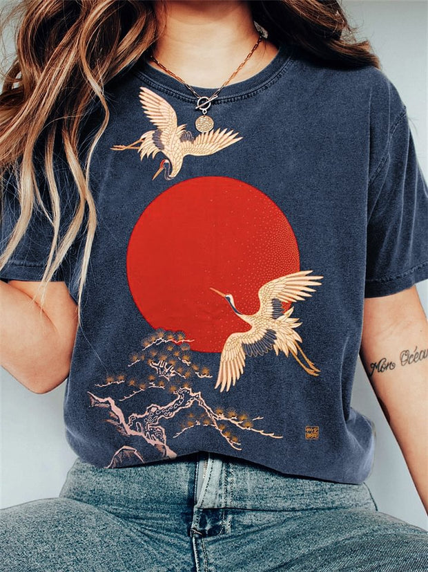 Cranes & Sunrise Japanese Art Vintage Washed T Shirt