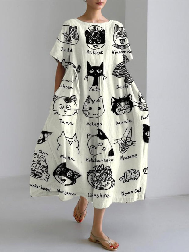 Cute Black Cat Print Linen Blend Maxi Dress