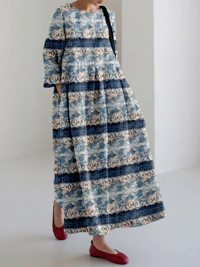 Denim Floral Lace Pattern Linen Blend Cozy Maxi Dress