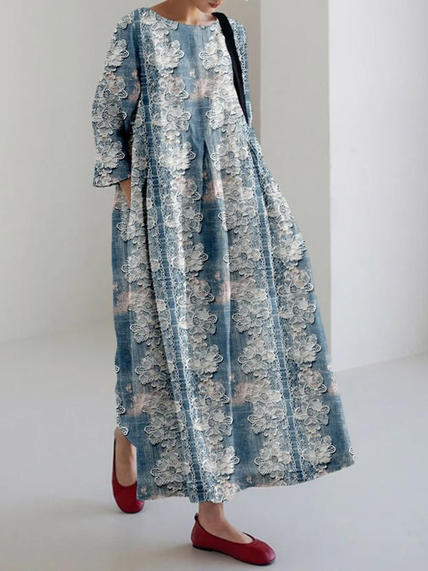 Denim Floral Lace Pattern Linen Blend Maxi Dress