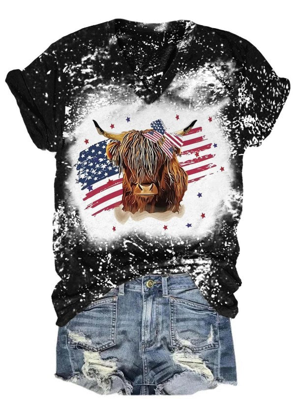 America Fag Highland Cow Print Tie Dye V Neck T-Shirt