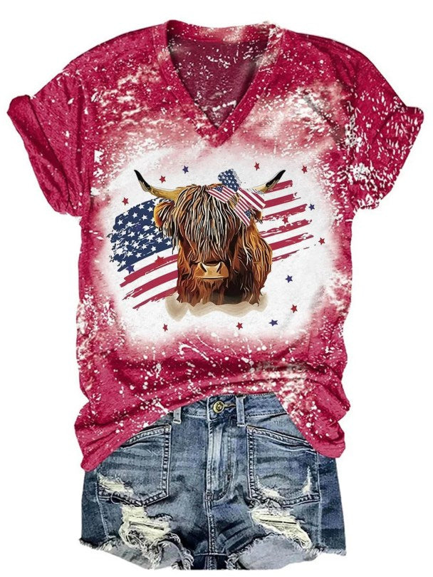 America Fag Highland Cow Print Tie Dye V Neck T-Shirt