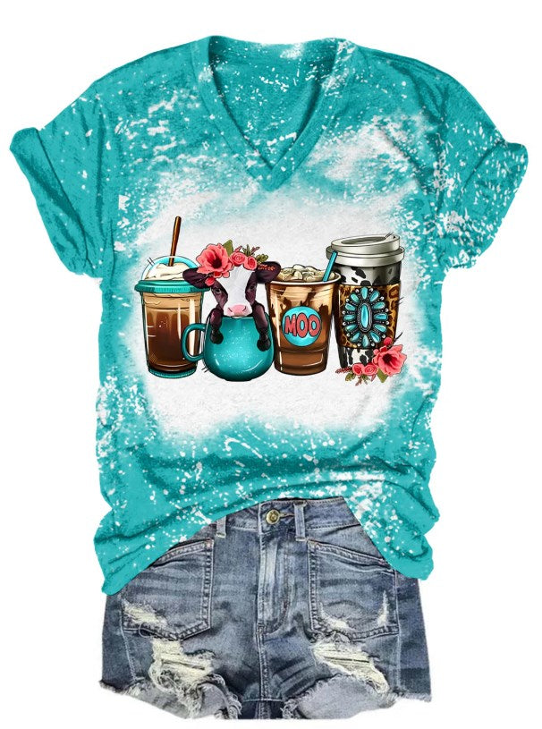 Floral Babe Cow Coffee Drink Tie Dye V Neck T-shirt