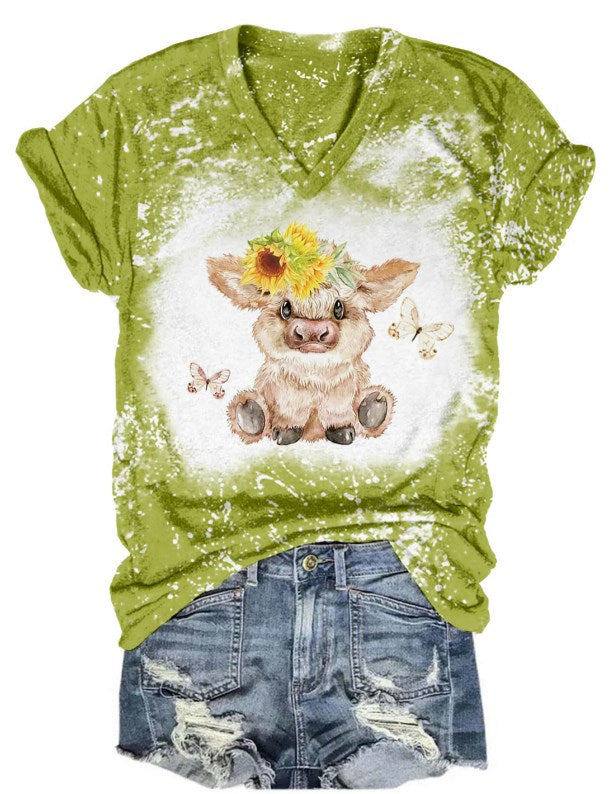 Highland Cow And Butterflies Tie Dye V Neck T-shirt