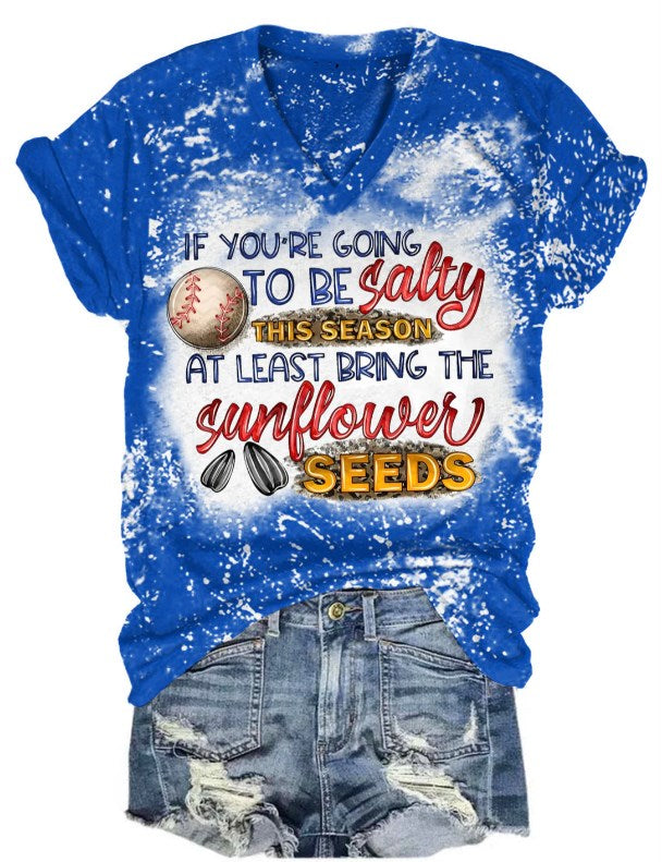 Salty Sunflower Seeds Baseball Print V-Neck T-Shirt