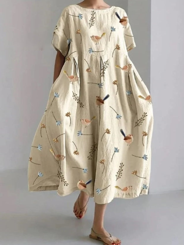 Women's Vintage Lovely Birds Floral Art Print Large Size Loose Casual Dress