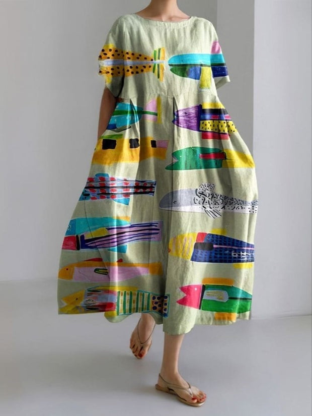 Women's Vintage Colorful Fish Printed Casual Crew Neck Midi Dress