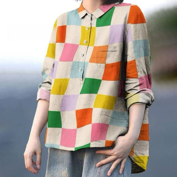 Women's Colorful Geometric Grid Print Casual Cotton And Linen Shirt