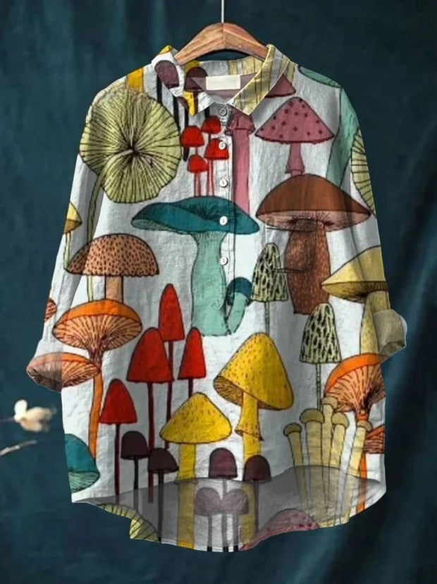 Women's Sewant Mushrooms Art Print Casual Cotton And Linen Shirt