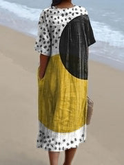 Women's Mustard and Black Art Print Flowy Dress